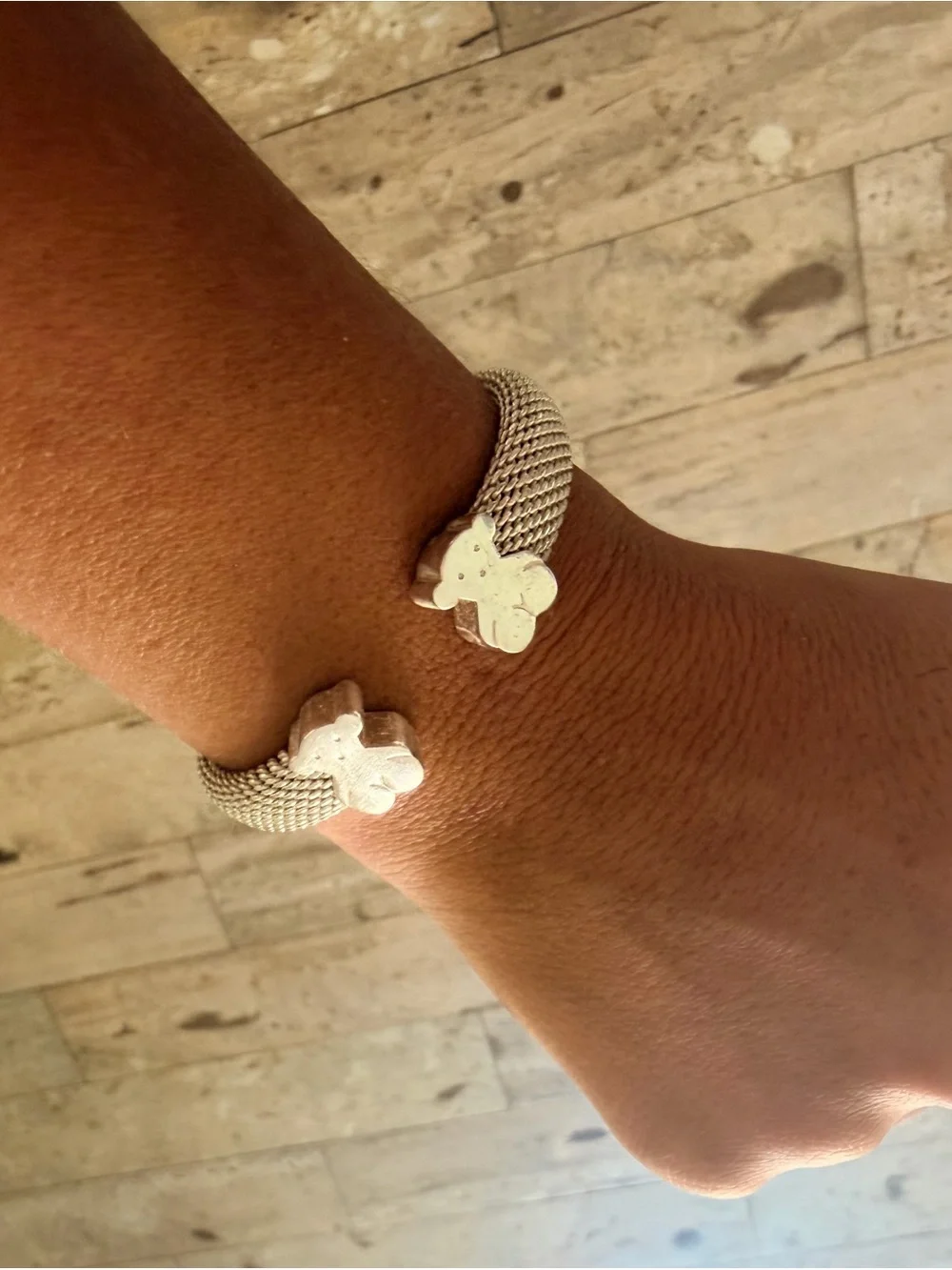 Tous Silver-Tone Mesh Open Cuff Bracelet with Bear End Caps